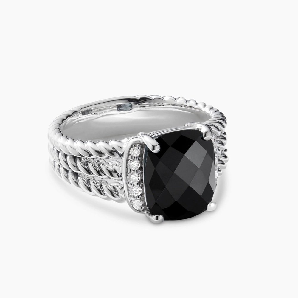 David Yurman Black and Silver Ring with Cushion-Cut Gemstone